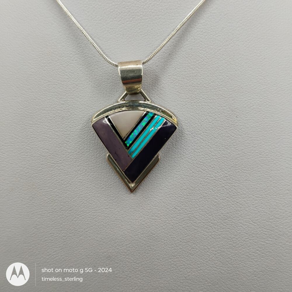 VTG Navajo A Francisco Inlay Charoite Opal SS Pendant on 20-in Snake Chain
